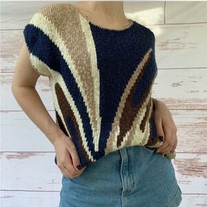 Vintage 90s Worthington lightweight cotton ramie Beige and Navy Knit Sweater